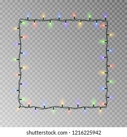 Christmas lights square vector, light string frame isolated on dark background with copy space. Transparent decorative garland border. Xmas light border effect. Vector illustration.