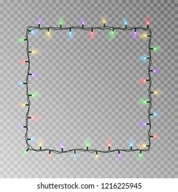 Christmas Lights Square Vector, Light String Frame Isolated On Dark Background With Copy Space. Transparent Decorative Garland Border. Xmas Light Border Effect. Vector Illustration.