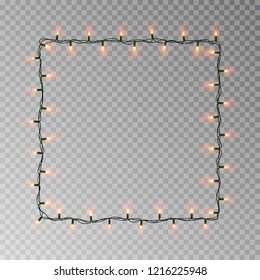 Christmas Lights Square Vector, Light String Frame Isolated On Dark Background With Copy Space. Transparent Decorative Garland Border. Xmas Light Border Effect. Vector Illustration.