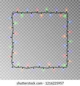 Christmas Lights Square Vector, Light String Frame Isolated On Dark Background With Copy Space. Transparent Decorative Garland Border. Xmas Light Border Effect. Vector Illustration.