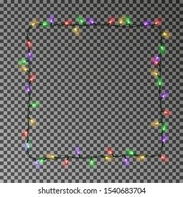 Christmas lights square vector, light  frame isolated. Xmas light border effect. Vector illustration.