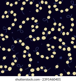 Christmas lights and star pattern. Holiday festive xmas decoration. Yellow string fairy lights. Lightbulb glowing garland. Flat design.