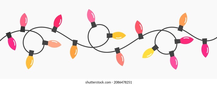 Christmas lights string border isolated on white background. Vector illustration.