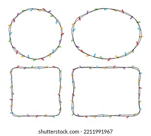 Christmas lights and string border isolated on white background. Christmas lights frame with space for text.