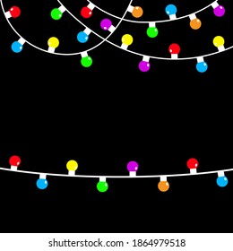 Christmas lights string. Colorful fairy light set. Holiday festive xmas decoration. Lightbulb glowing garland. Round cone shape. Rainbow color. Flat design. Isolated. Black background. Vector