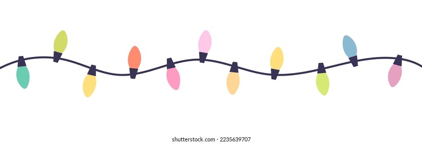 Christmas lights string. Colorful pastel light bulbs isolated on white background. Vector illustration.