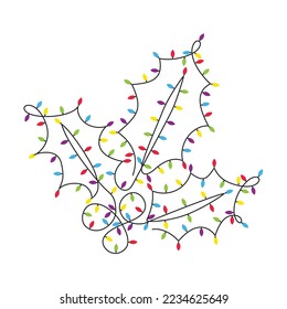 Christmas lights string contour drawn as holly leaves and berries. isolated bulb glow fun celebration for x'mas festival. freshly design vector for decorative background, ornament or illustration.