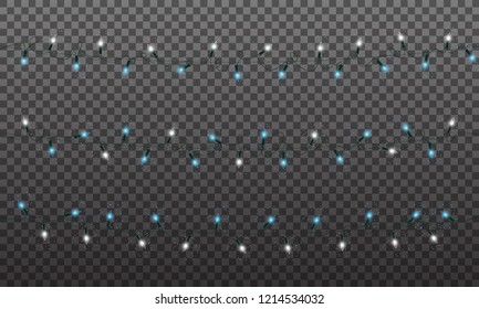 Christmas lights. String lights garland for New Year and Xmas season. Set of glowing isolated lights with shiny particles.