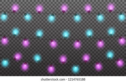 Christmas lights. String lights garland for New Year and Xmas season. Set of glowing isolated lights with shiny particles.