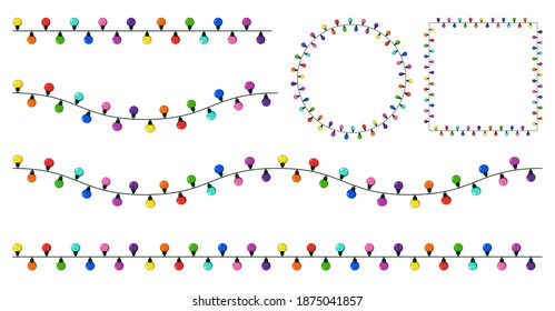 cuerda de luces navideñas, conjunto de guirnaldas. Borde y marco de la línea de vacaciones (círculo y cuadrado). Ilustración decorativa de dibujos animados aislados en blanco