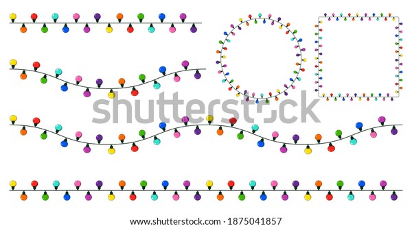 Christmas lights string, garland set. Holiday line\
divider border and frame (circle and square). Cartoon decorative\
illustration isolated on\
white