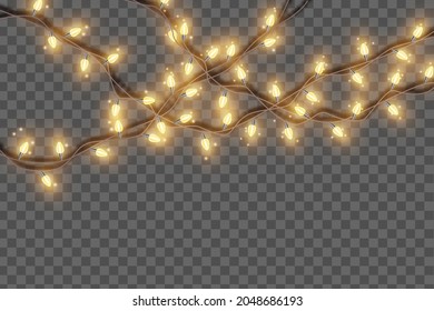 Christmas lights string garland, vector bright holiday bulb lamp New Year party festive decoration. X-mas celebration illuminated design on transparent background. Winter event border Christmas lights