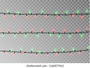 Christmas lights string isolated. Realistic garland decoration. Festive  design elements. Glowing lights string for Xmas Holiday greeting card. Christmas garland decorations. Vector illustration.
