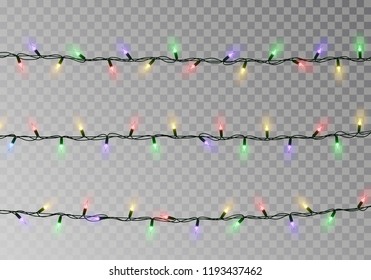 Christmas lights string isolated vector. Transparent effect decoration on dark background. Realistic Christmas garland vector. Winter xmas glowing lights string. Banner illustration.