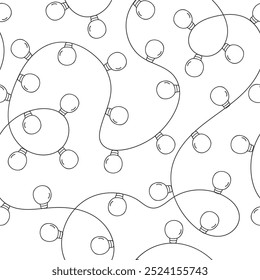 Christmas Lights string line art Seamless Pattern. Doodle outline light Bulb Black and white Background. Winter Christmas holidays Garland Decoration. Monochrome pattern for Birthday party Design