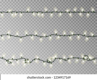 Christmas Lights String Seamless Vector. Transparent White Effect Decoration Isolated. Realistic Christmas Garland  Pattern. Winter Xmas  Lights String. Vector Banner Illustration.