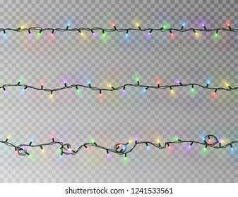 Christmas lights string seamless vector. Transparent color effect decoration isolated. Realistic Christmas garland pattern. Winter xmas lights string. Vector banner illustration.