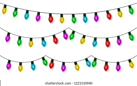 Christmas lights string set vector, color garland collection, isolated on white. Garland hanging, old fashion light string. Vector illustration.