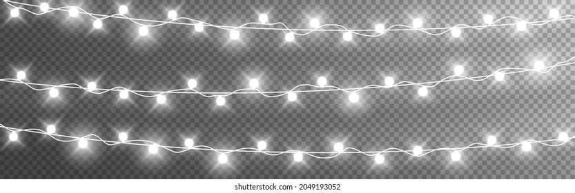 Christmas lights string. Silver garlands on transparent background. Luminous light bulbs for poster. Realistic glowing elements for greeting card. Vector illustration.