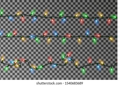 Christmas lights string vector. Border of garland, glowing lights string. Vector illustration.