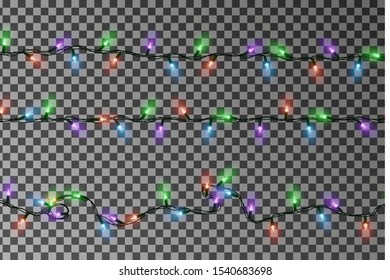 Christmas lights string vector. Border of garland, glowing lights string. Vector illustration.