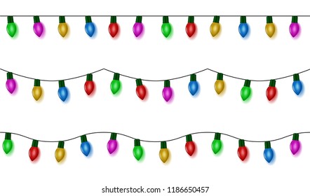 Christmas Lights String Vector, Color Garland Set Isolated On White. Garland Balls Seamless. Hanging Old Fashion Light String. Vector Illustration.