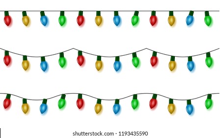 Christmas lights string vector, color garland set isolated on white. Garland balls seamless. Hanging old fashion light string. Vector illustration.