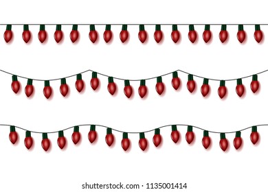 Christmas lights string vector, red garland set isolated on white. Garland balls. Glitter hanging old fashion light string.
