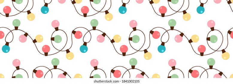 Christmas lights strings seamless pattern design. Retro colors Xmas cute circle lamps border background