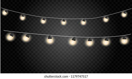 Christmas lights strings. Vector flat Xmas garland isolated on wooden background.