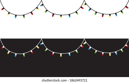 Christmas lights. Three colorful string fairy light set. Cartoon holiday festive xmas decoration. Lightbulb glowing garland. Cone shape. Rainbow color. Flat design. Black White background. Vector