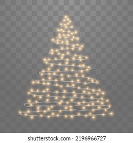 Christmas lights and tree, lights bulbs, glowing garlands string. New Year's party lights, holiday decorations. Party event decoration, winter holiday season element. Vector illustration on png.