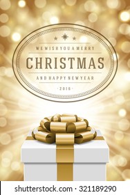 Christmas lights and typography label design and gift box vector background. Greeting card or invitation and holidays wishes. 