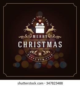 Christmas lights and typography label design vector background. Greeting card or invitation and holidays wishes. 