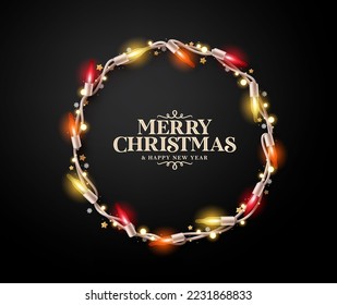 Christmas lights vector background design. Merry christmas and happy new year text with xmas sparkling and glowing wreath light in brown background. Vector Illustration.