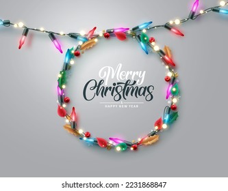 Diseño de fondo vectorial de luces de Navidad. Feliz navidad de texto de bienvenida con brillantes y brillantes elementos de adorno de guirnaldas. Ilustración vectorial. 