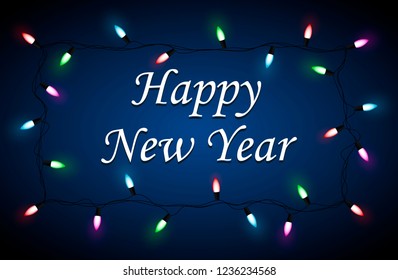 Christmas lights vector border illustration. Happy new year
