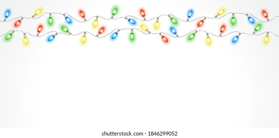Christmas lights, vector decoration. Colorful holiday border, frame with lamps. Winter season festive illuminated garland. For New Year banners, Christmas party posters, flyers, headers.