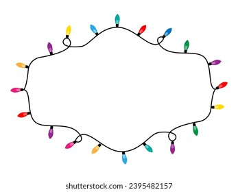 Christmas lights vector frame. Frame with colorful garland. Christmas border light strings. Christmas light bulbs for decoration .Christmas garland border.