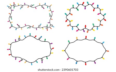 marcos vectoriales de luces de Navidad. Marco con guirnaldas coloridas. colección de cadenas de luz de borde navideño. Bombillas de Navidad para la decoración. Se coloca con bordes de guirnaldas navideñas.