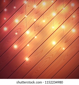 Christmas lights. Vector glow Xmas garland with wooden background.