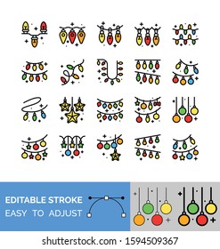 Christmas lights vector icon set, filled design