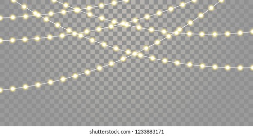 Christmas lights vector isolated strings. Holiday celebration Xmas, birthday or festival lamp lights on transparent background