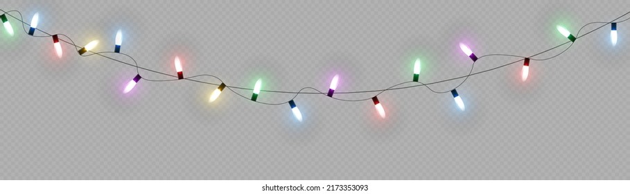 Christmas lights. Vector line with glowing light bulbs.Set of golden xmas glowing garland Led neon lamp illustration. Christmas lights isolated on transparent background for cards, banners, posters, w