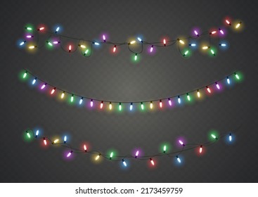 Weihnachtsbeleuchtung. Vektorlinie mit leuchtenden Glühbirnen.Set von goldenen xmas leuchtendes Land Led Neon Lampe Illustration. Weihnachtsleuchten einzeln auf transparentem Hintergrund für Karten, Banner, Poster, w