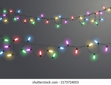 Christmas lights. Vector line with glowing light bulbs.Set of golden xmas glowing garland Led neon lamp illustration. Christmas lights isolated on transparent background for cards, banners, posters, w