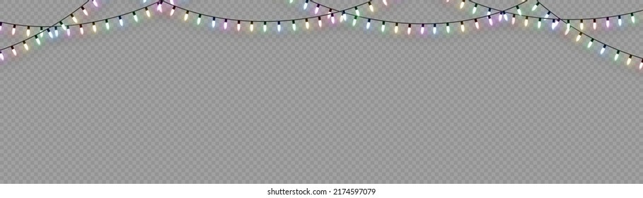 Christmas lights. Vector line with glowing light bulbs.Set of golden xmas glowing garland Led neon lamp illustration. Christmas lights isolated on transparent background for cards, banners, posters