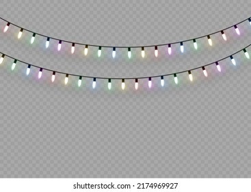 Christmas lights. Vector line with glowing light bulbs.Set of golden xmas glowing garland Led neon lamp illustration. Christmas lights isolated on transparent background for cards, banners, posters