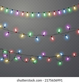 Weihnachtsbeleuchtung. Vektorlinie mit leuchtenden Glühbirnen.Set von goldenen xmas leuchtendes Land Led Neon Lampe Illustration. Weihnachtsleuchten einzeln auf transparentem Hintergrund für Karten, Banner, Poster