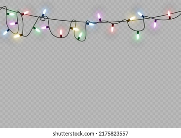 Christmas lights. Vector line with glowing light bulbs.Set of golden xmas glowing garland Led neon lamp illustration. Christmas lights isolated on transparent background for cards, banners, posters, w